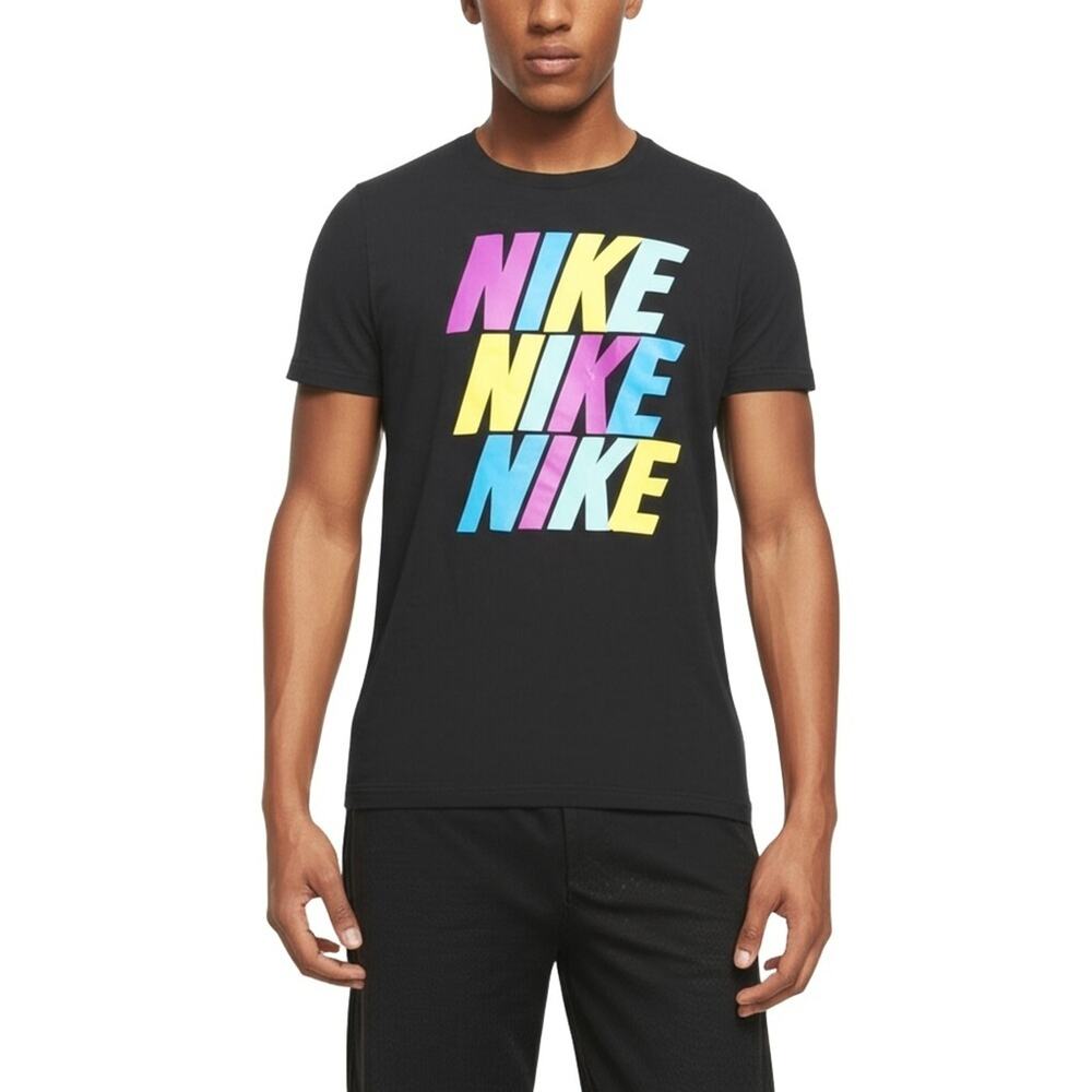 VTG Y2K NIKE Black Multi-Colored Graphic Logo Regular Fit T-Shirt XXL Streetcore